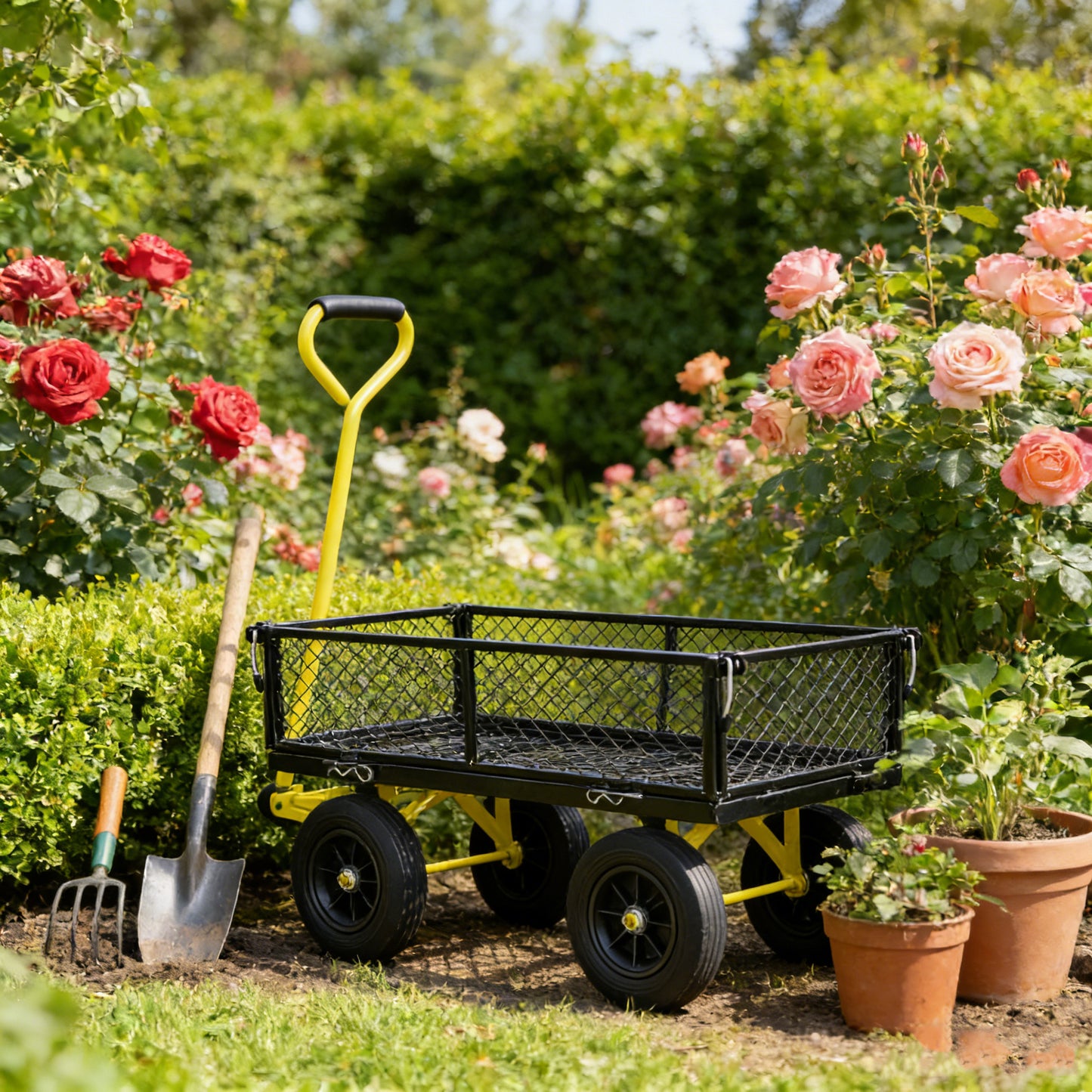 (Black +Yellow solid wheels wagon cart)Solid wheels Tools cart Wagon Cart Garden cart trucks make it easier to transport firewood