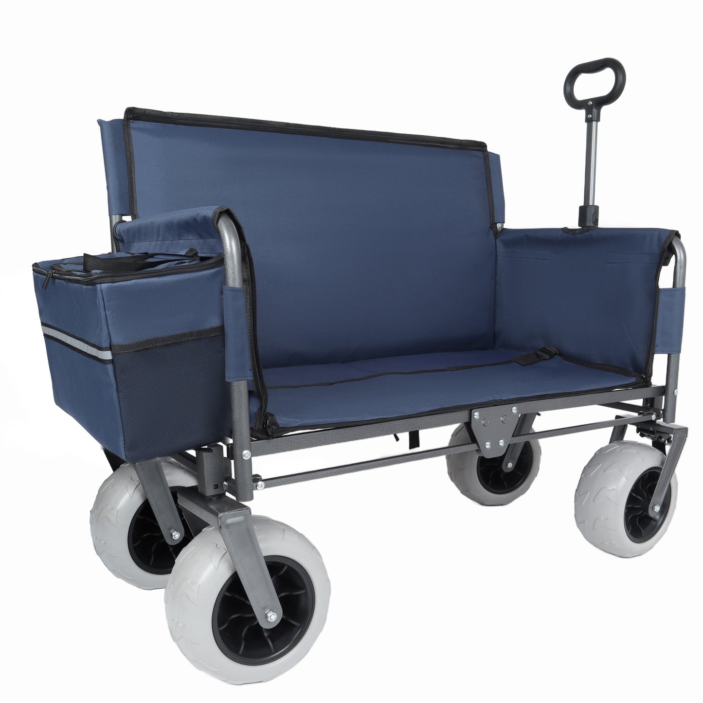 3-in-1 Folding Wagon with Bench Seat – patent protection, 500lbs Capacity, 9"x4" Beach Tires for Camping & Beach, dark blue