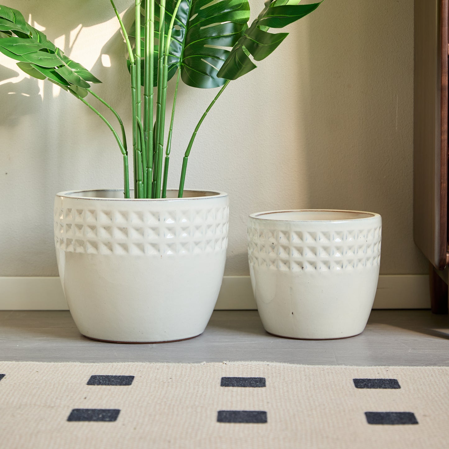 Handmade Ceramic Flower Pot Set of 3, 15/12/9 Inch Diameter, White Diamond Pattern, for Succulents Indoor/Outdoor Use on Windowsill & Bookshelf, Breathable Clay