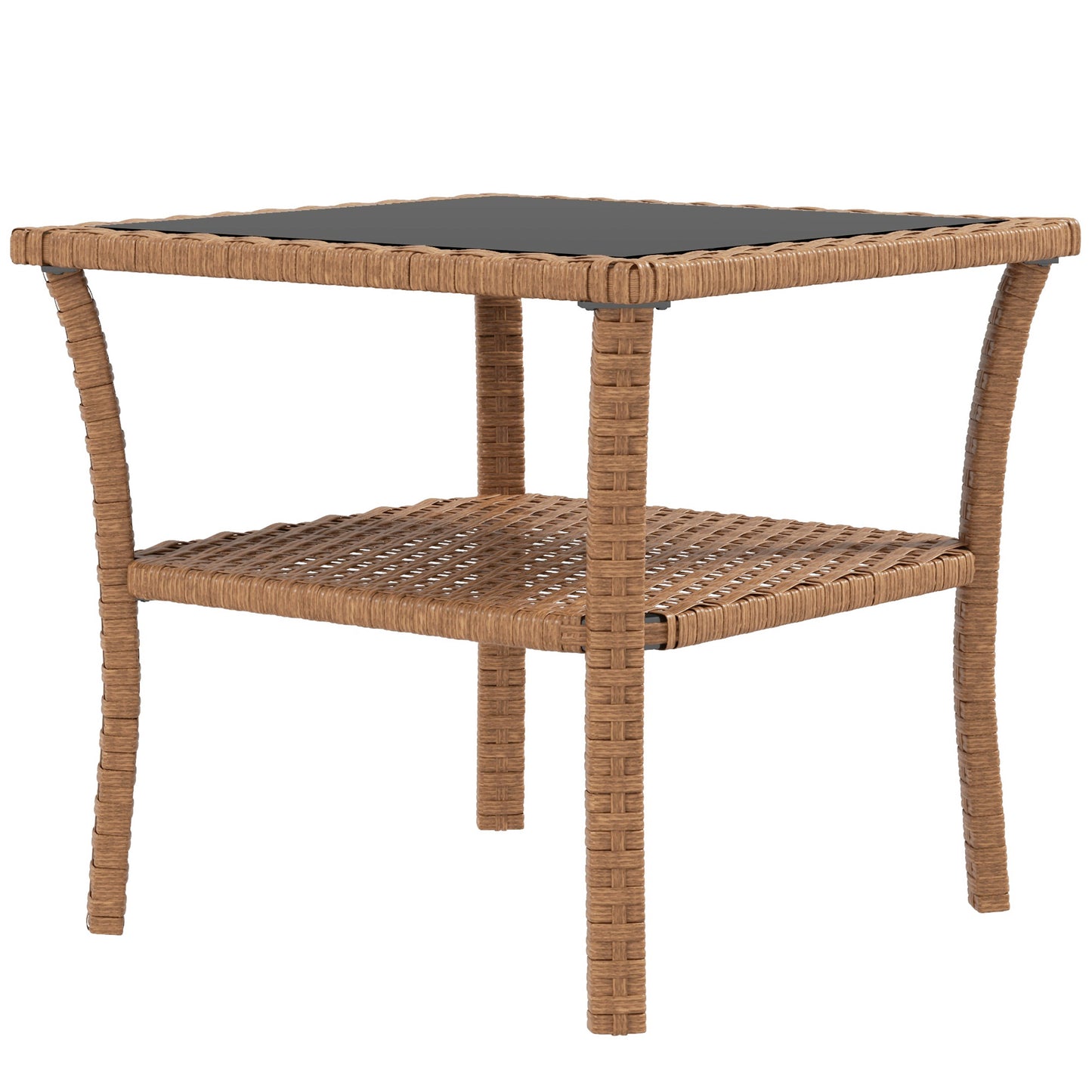 Outsunny Rattan Side Table, Outdoor End Table with Storage Shelf, Aluminum Frame Square, Coffee Table with Tempered Glass Top, Sand
