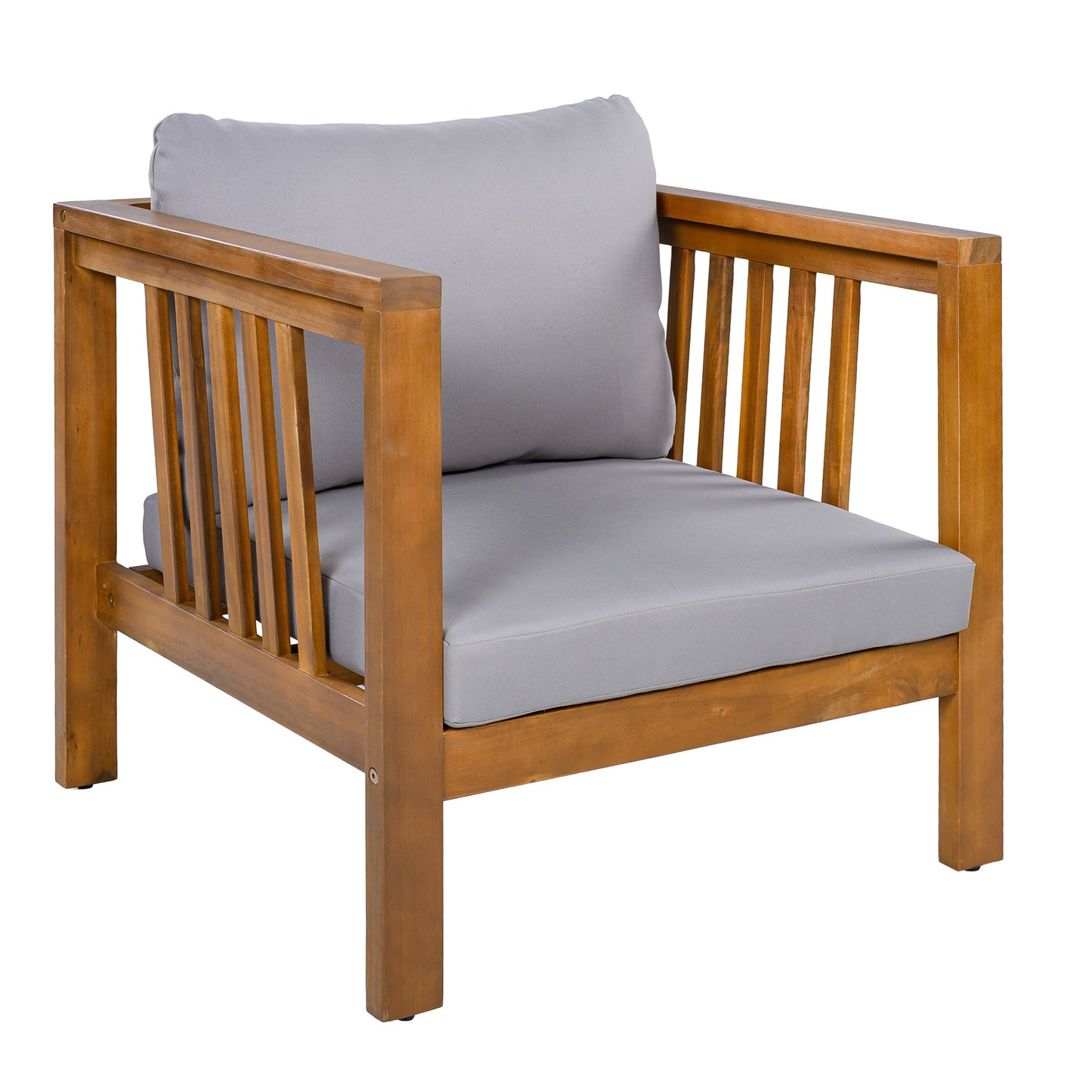 Outdoor Acacia Wood Club Chair with Modern Square Arms, Patio Chair with Thick Cushion, Adjustable Leveling Feet for Poolside, Backyard & Deck, Grey Cushion