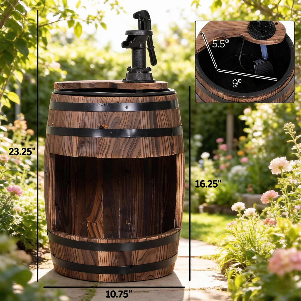 Wooden Water Pump Fountain,Patio Water Fountain,Apple Barrel Pump Garden Decor,Outdoor Water Fountain