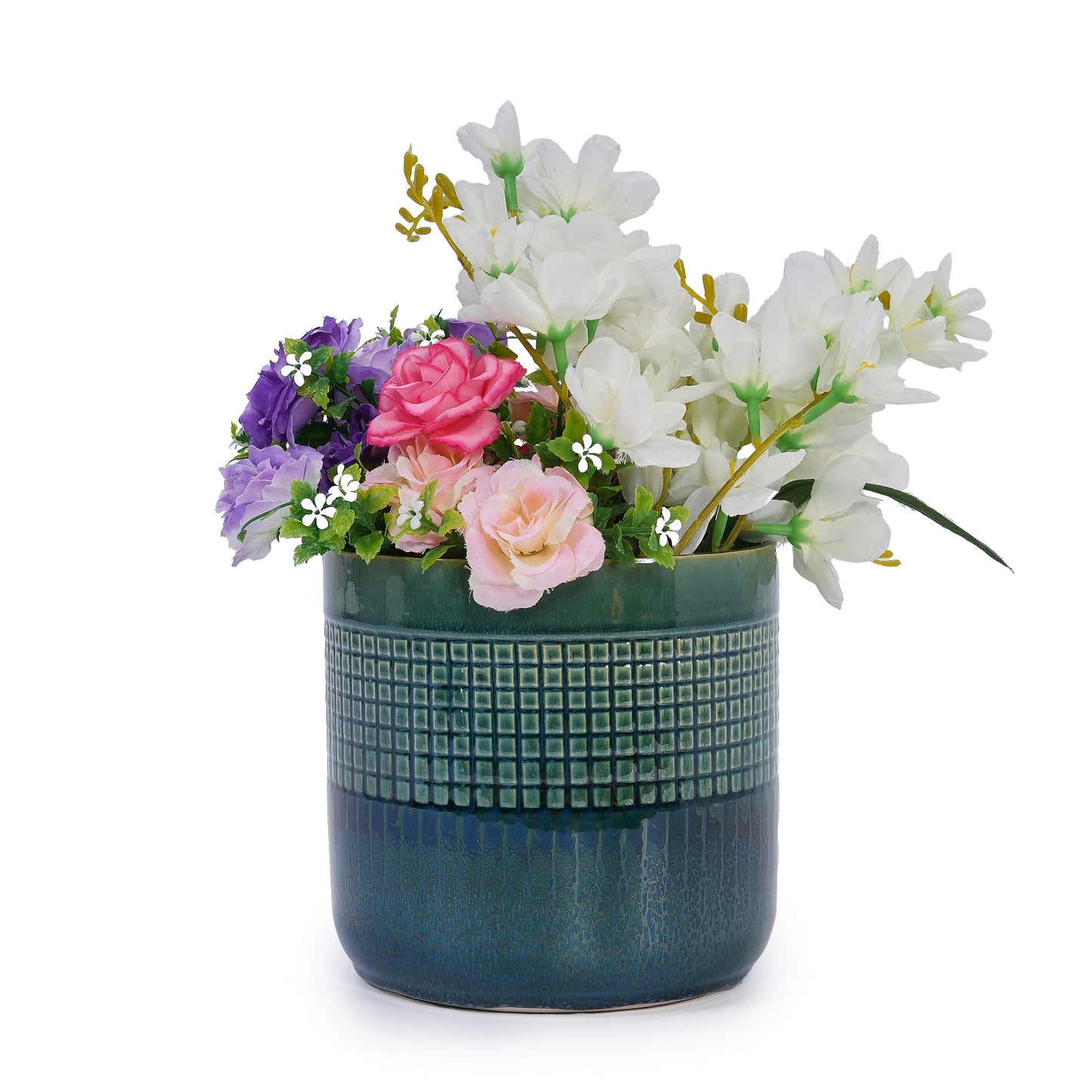 Handmade Green Glazed Ceramic Planter Set of 3, 10" 8" 6" Diameter, Square Grid Pattern, for Succulents & Herbs Indoor/Outdoor Shelf & Table Use, Breathable Clay with Drainage Holes