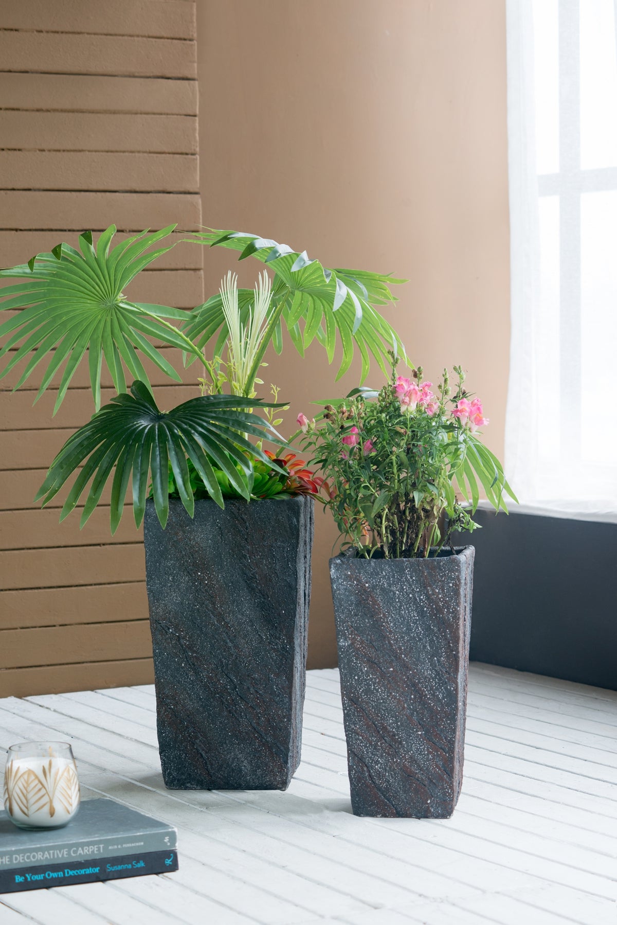 9.4x9.4x18.1" Cement Planter Large, Indoor Outdoor Garden Functional Decor