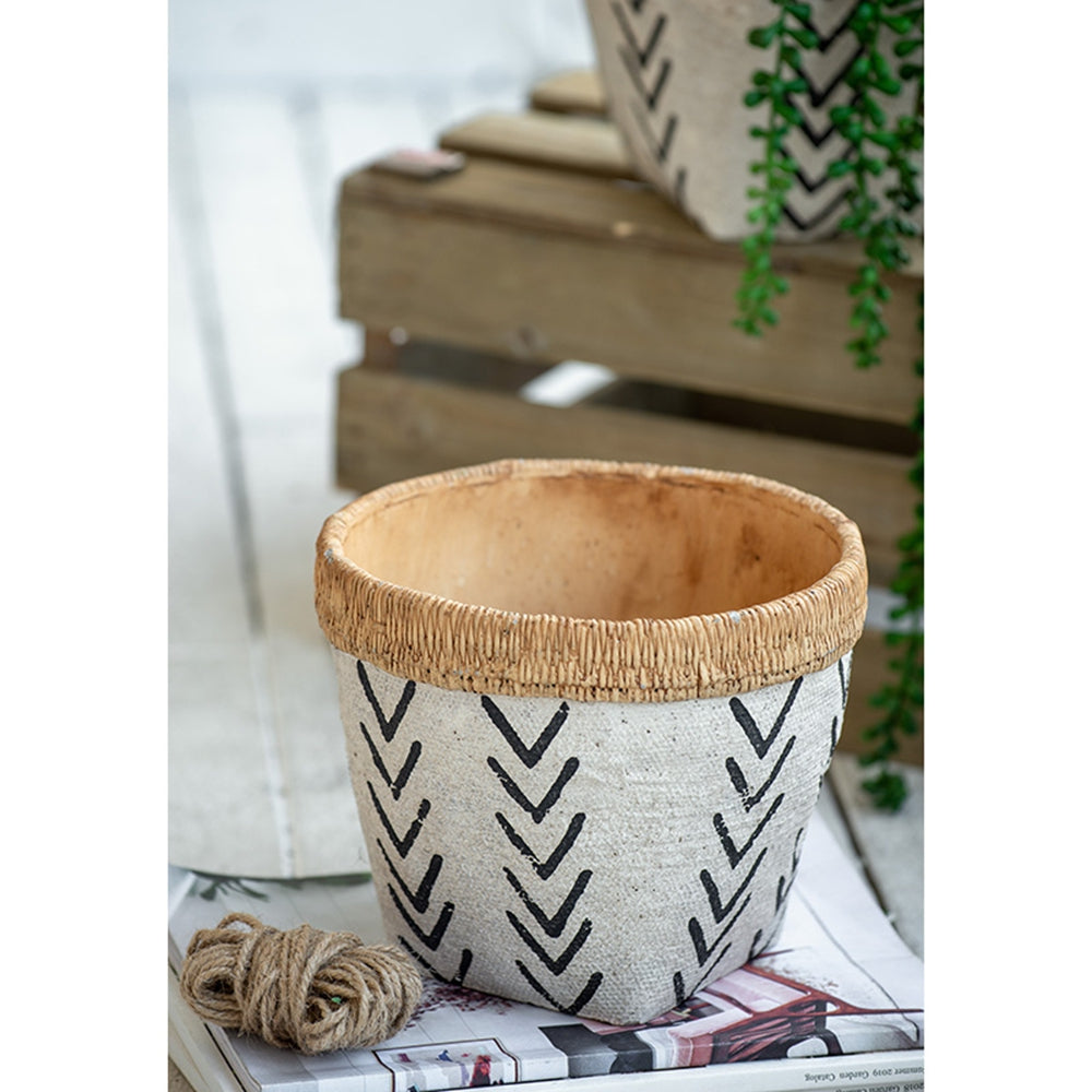 Set of 2 White and Brown Cement Planters with V Pattern, L:D10x8" S:D8x6.5"