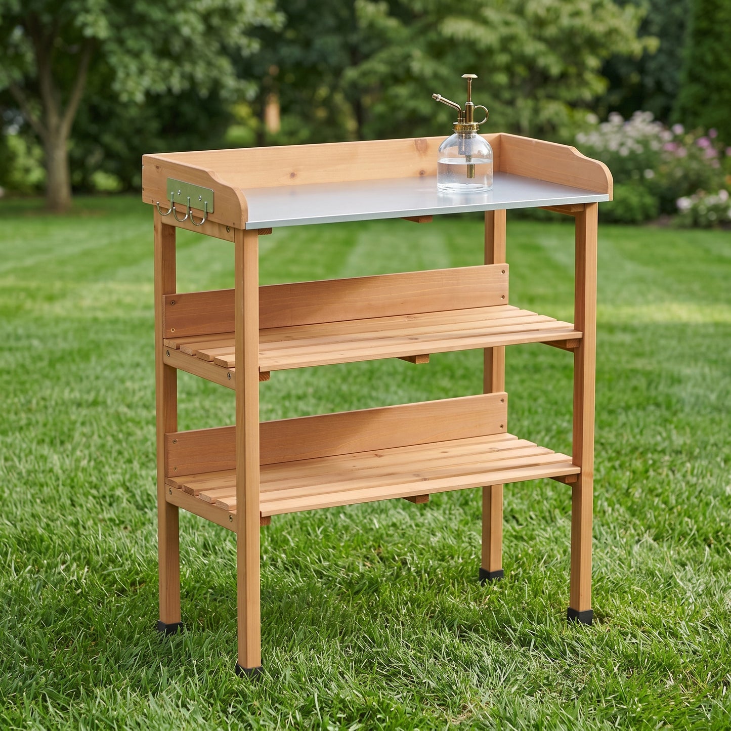30″x14.5″×35.5″ Potting Table w/Metal Tabletop, 3 Layers Outdoor Work Bench w/Hook for Garden, Solid Wood Workstation for Garage