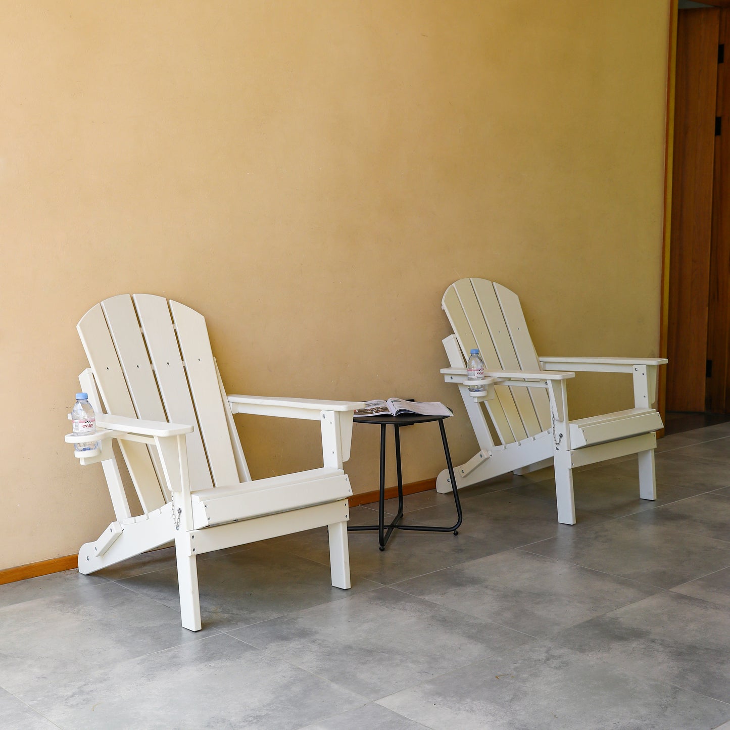 HDPE Folding Adirondack Chair with Dual Cup Holder - Composite Adirondack Chair with Wood Texture- White