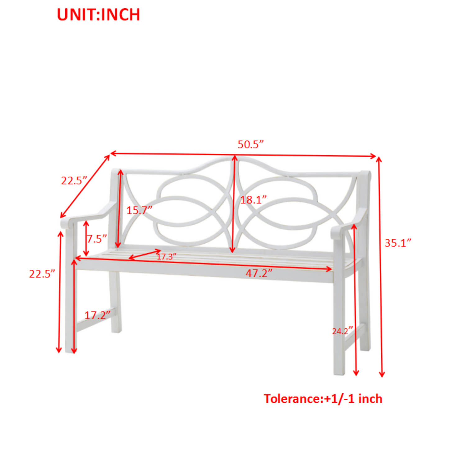 Outdoor Garden Patio Bench,Iron Metal Steel Frame Park Bench with Backrest and Armrest, Slatted Seat for Park, Yard & Porch, Balcony, Accommodates 2-3 People,White