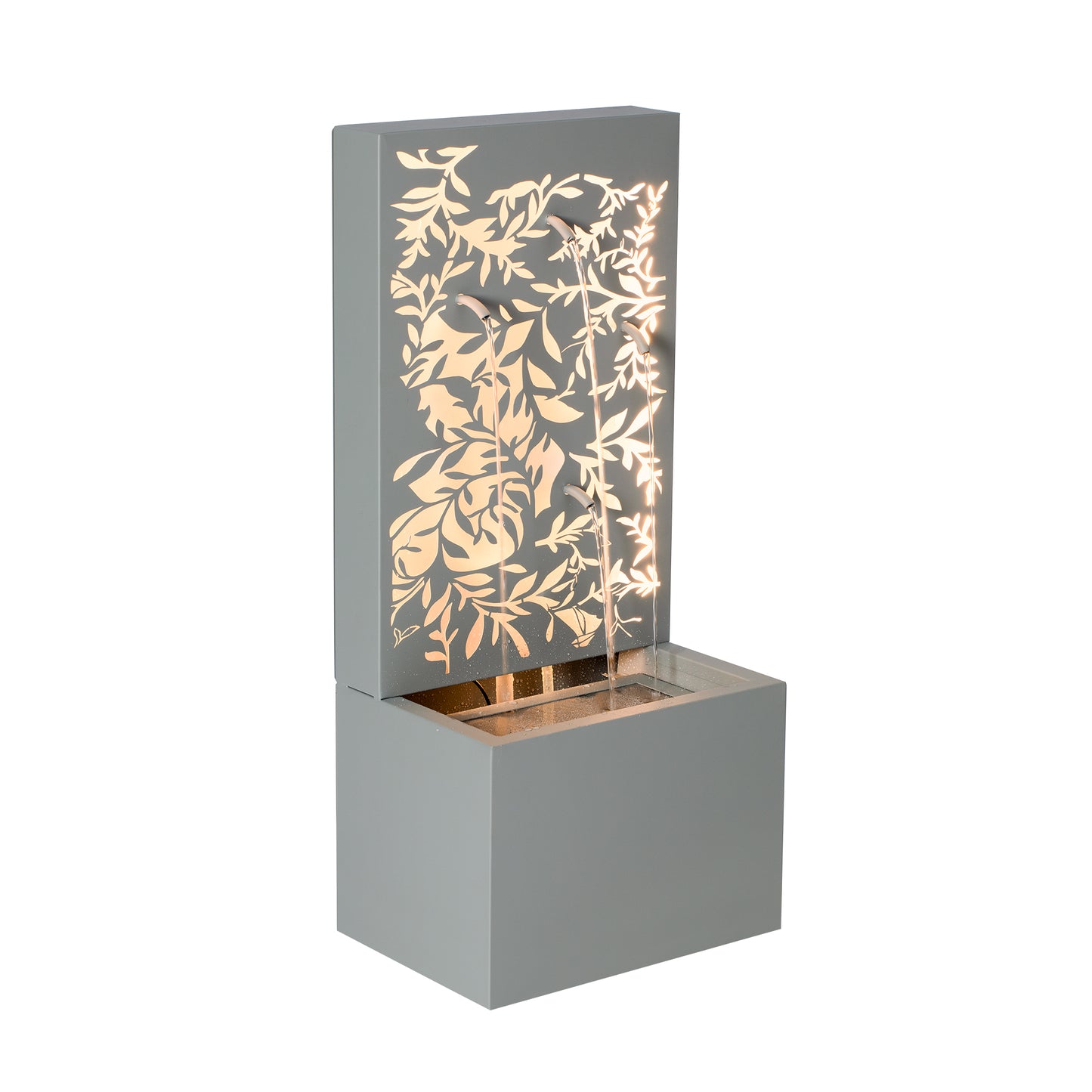 30.71"H Light Gray Metal Leaf Cutout Outdoor Water Wall Fountain with LED Lights, Modern Waterfall Feature for Patio Garden Backyard Decor