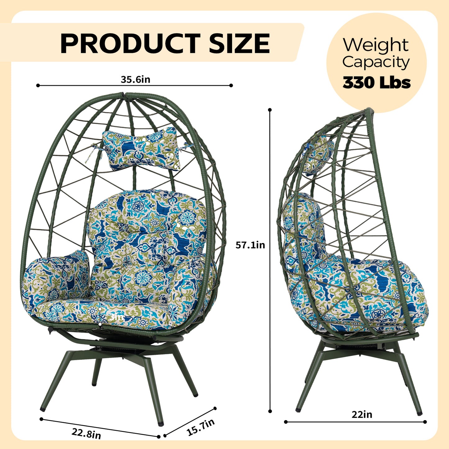 Oversized 360° Swivel Rattan Egg Chair Wicker Indoor Outdoor Patio Lounge Chair with Removable Thick Cushions