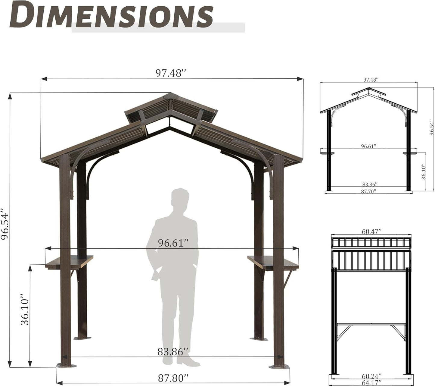 8×5FT Hardtop Grill Gazebo, Outdoor BBQ Gazebo w/Galvanized Steel Double Roof, Permanent Sun Shade Grill Canopy Shelter with 2 Side Shelves and Ceiling Hook for Patio Deck Yard Garden (Brown)