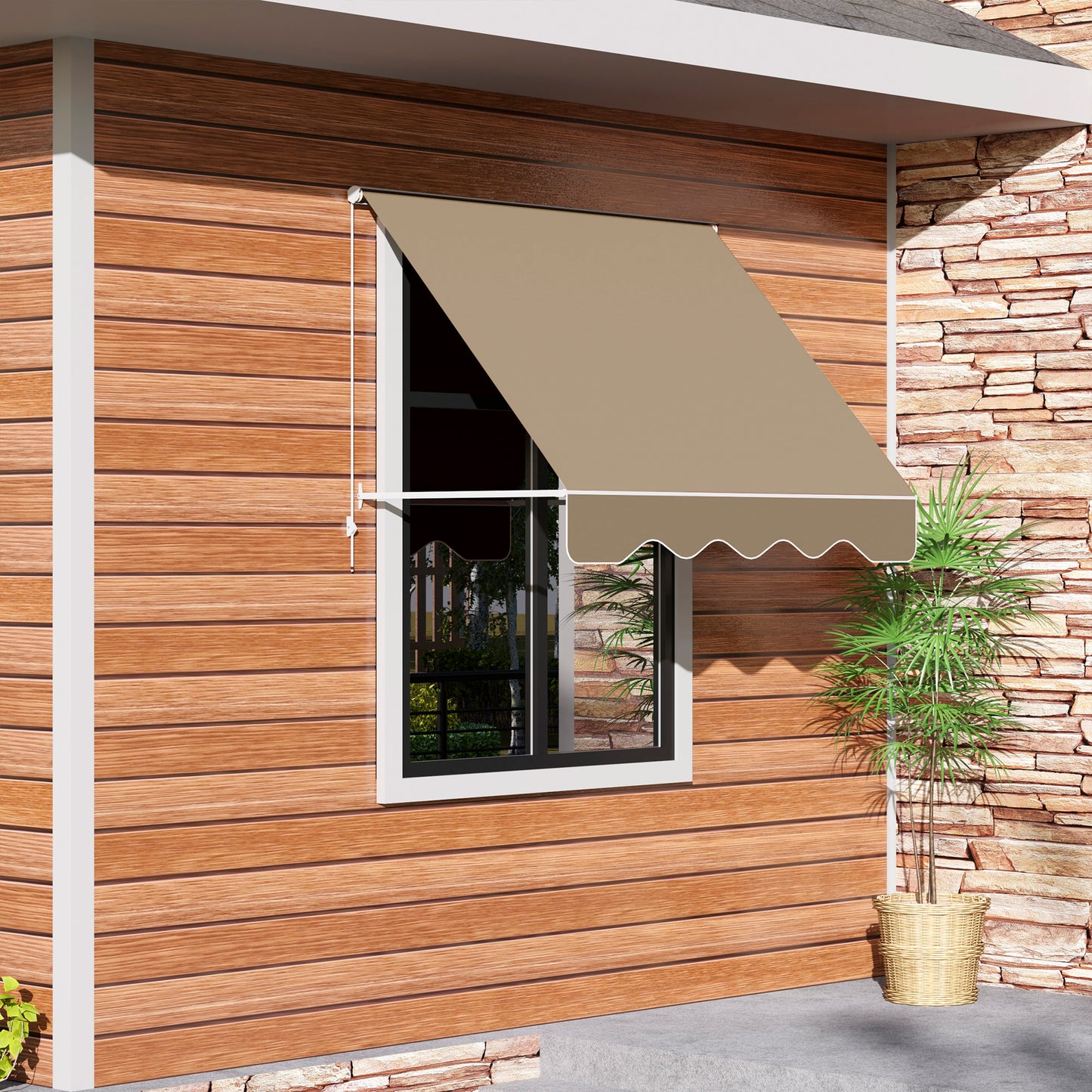Outsunny 6' Drop Arm Manual Retractable Window Awning Sun Shade Shelter for Patio Balcony Outdoor, Aluminum, Cream White