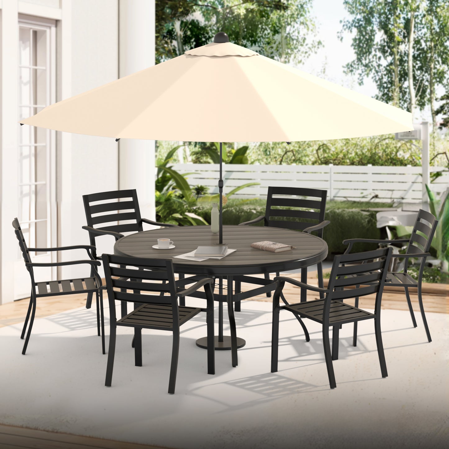 VRSHWO"Outdoor Round Patio Dining Table for 4-6, All Weather Metal Dining Table with Umbrella Hole for Deck Lawn Garden Backyard