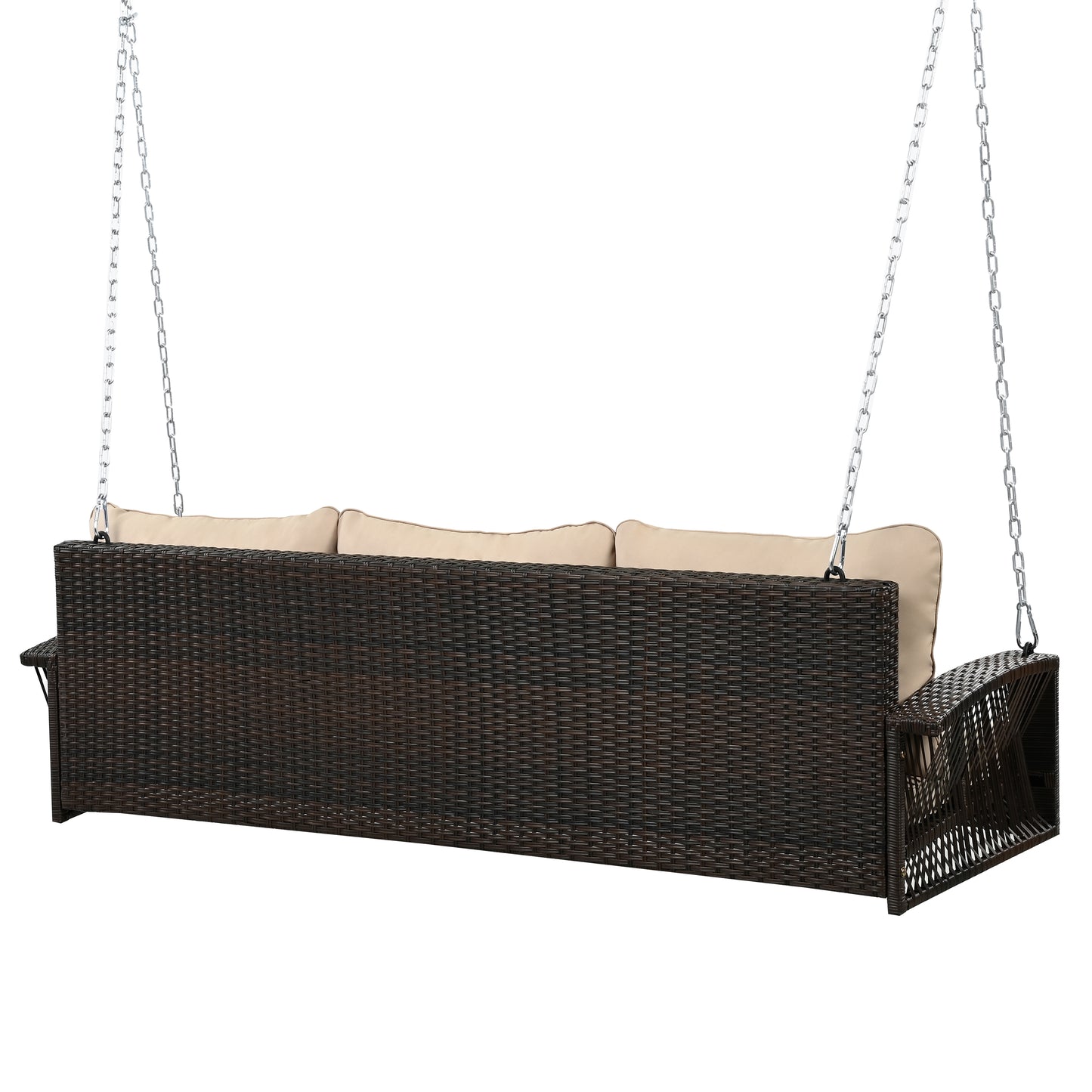 GO 69" PE Wicker 3-Person Porch Swing with Chains, Large Patio Swing Bench with Cushions for Backyard, Garden, and Poolside, Brown