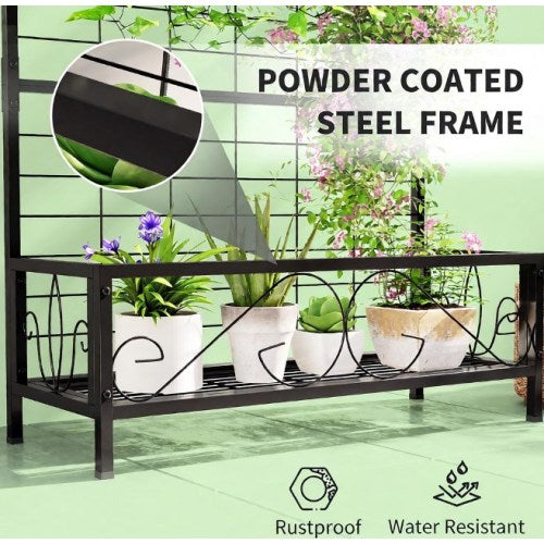3-Tier Plant Stand With Hanging Basket - Vintage Wood & Iron Rolling Plant Shelf For Indoor Outdoor Use, Space Saving Design With Lockable Casters