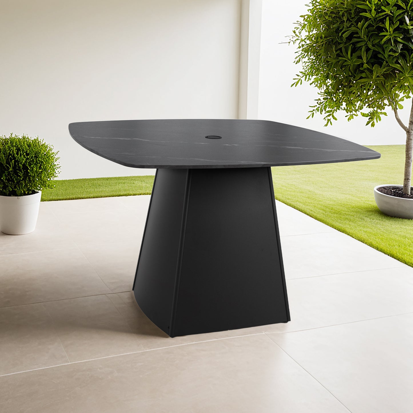 Modern 44" Rounded Square Outdoor Pedestal Dining Table, Black Sintered Stone Top, Flared Pyramid Aluminum Pedestal Base, Weather-Resistant, Rust-Free, for Patio, Deck, Poolside, Balcony – Seats 4