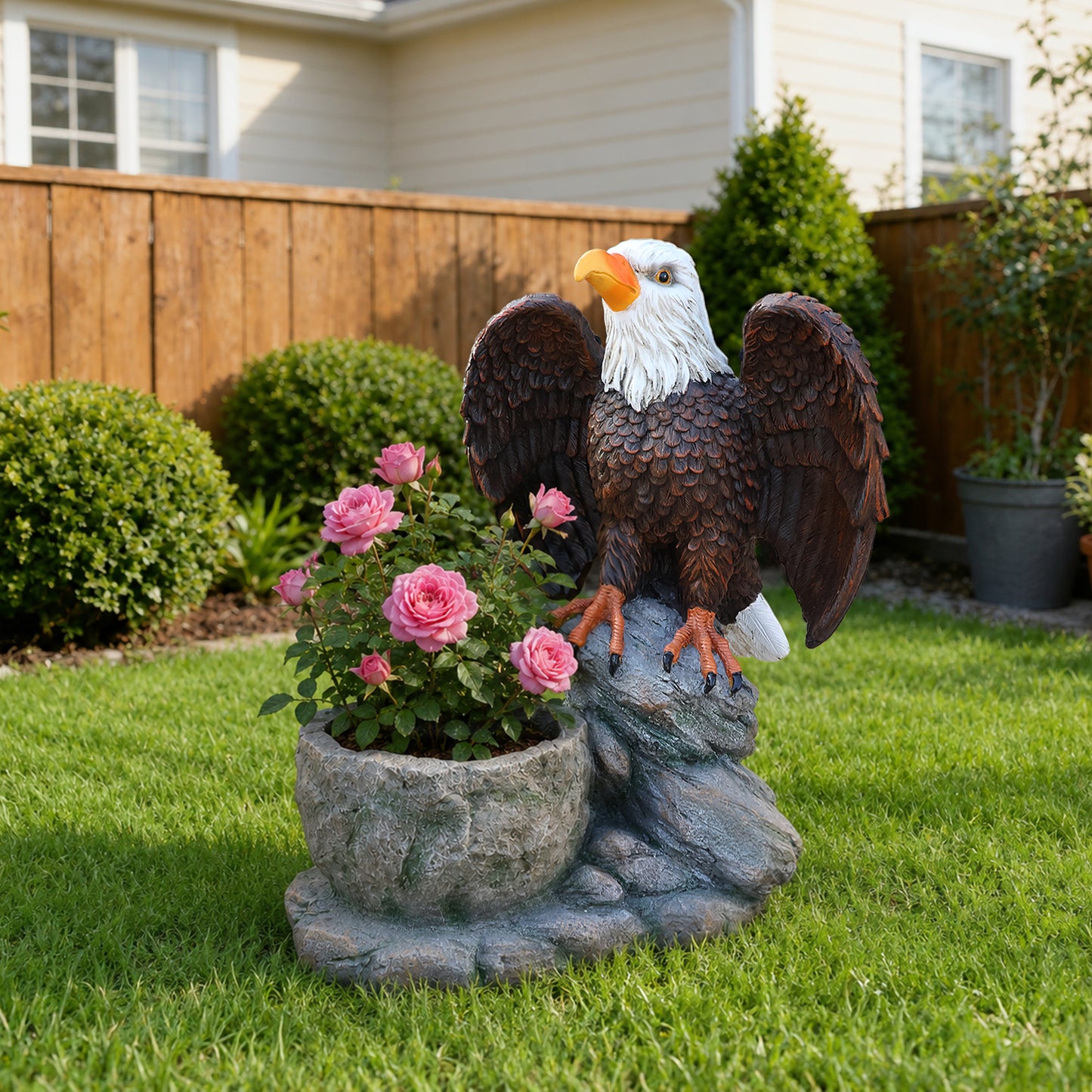 Standing Eagle Statue Garden Planter on Faux Stone Base - Rustic Wildlife Decorative Flower Pot for Outdoor Patio & Home Decor
