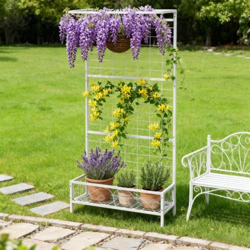 Metal Plant Stand with Trellis and Hanging Bar, Indoor Outdoor Use, White (74.2 in. H)