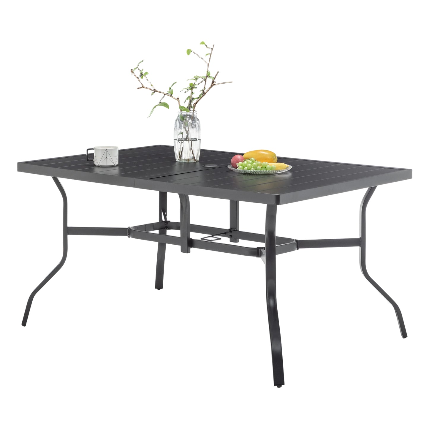 Outdoor Dining Table for 6, Powder-Coated Steel Slat Top with 2.16" Umbrella Hole, Anti-Slip Pads, E-Coating Frame, All-Weather Black Patio Table for Garden, Poolside, Backyard