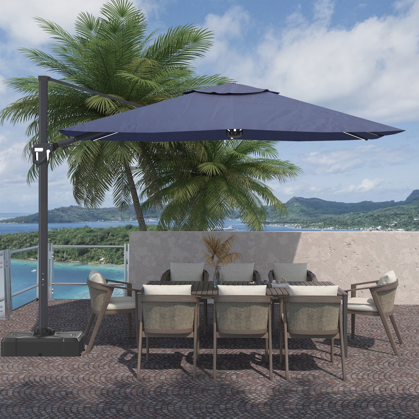 11FT Square Cantilever Patio Umbrella with LED Light in Navy Blue(without Umbrella Base)