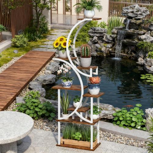61.8" H 8-Tier S-Shaped Corner Plant Stand with Steel Frame and Fir Wood Base, Space-Saving Rack for Indoor Plants, Books