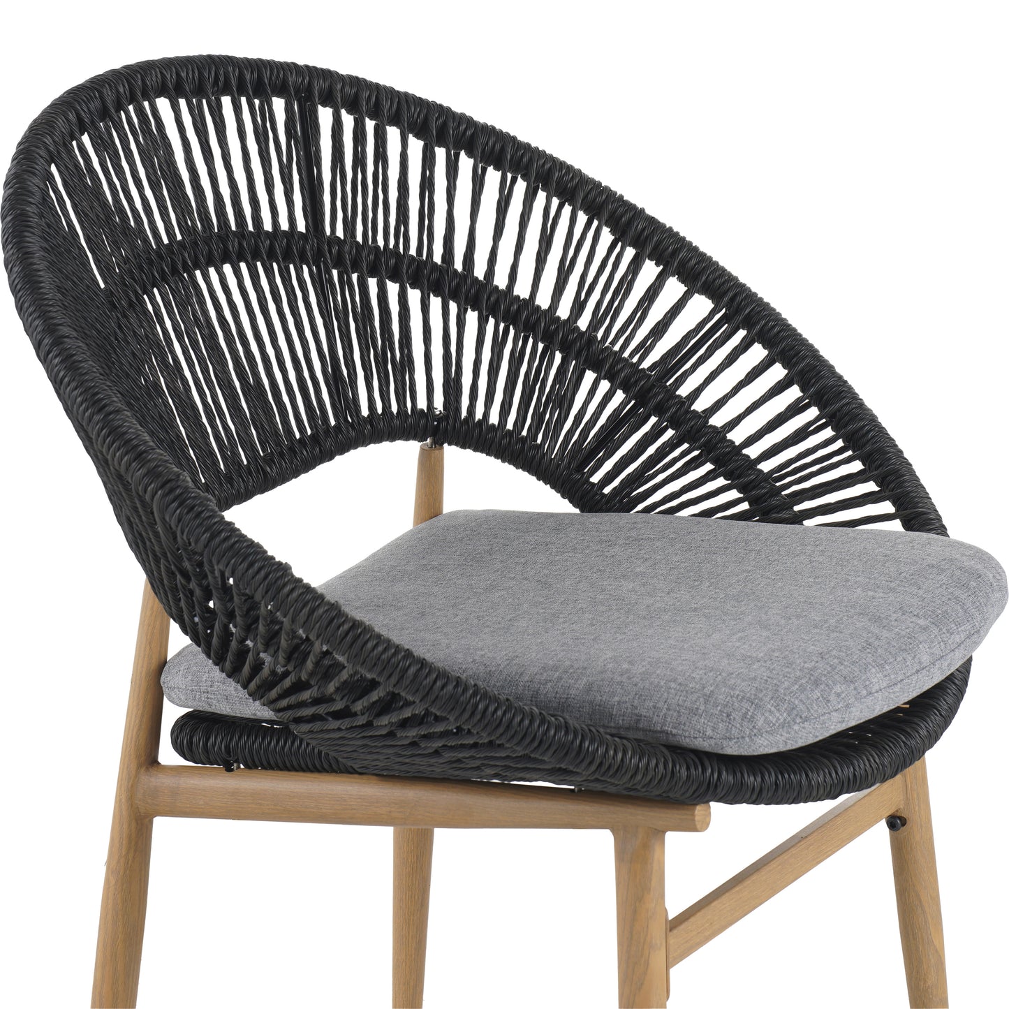 Cyril Outdoor Wicker Papasan Style Dining Chair, Teak Finished Leg and Dark Gray Faux Rattan, Gray Cushion, Set of 2