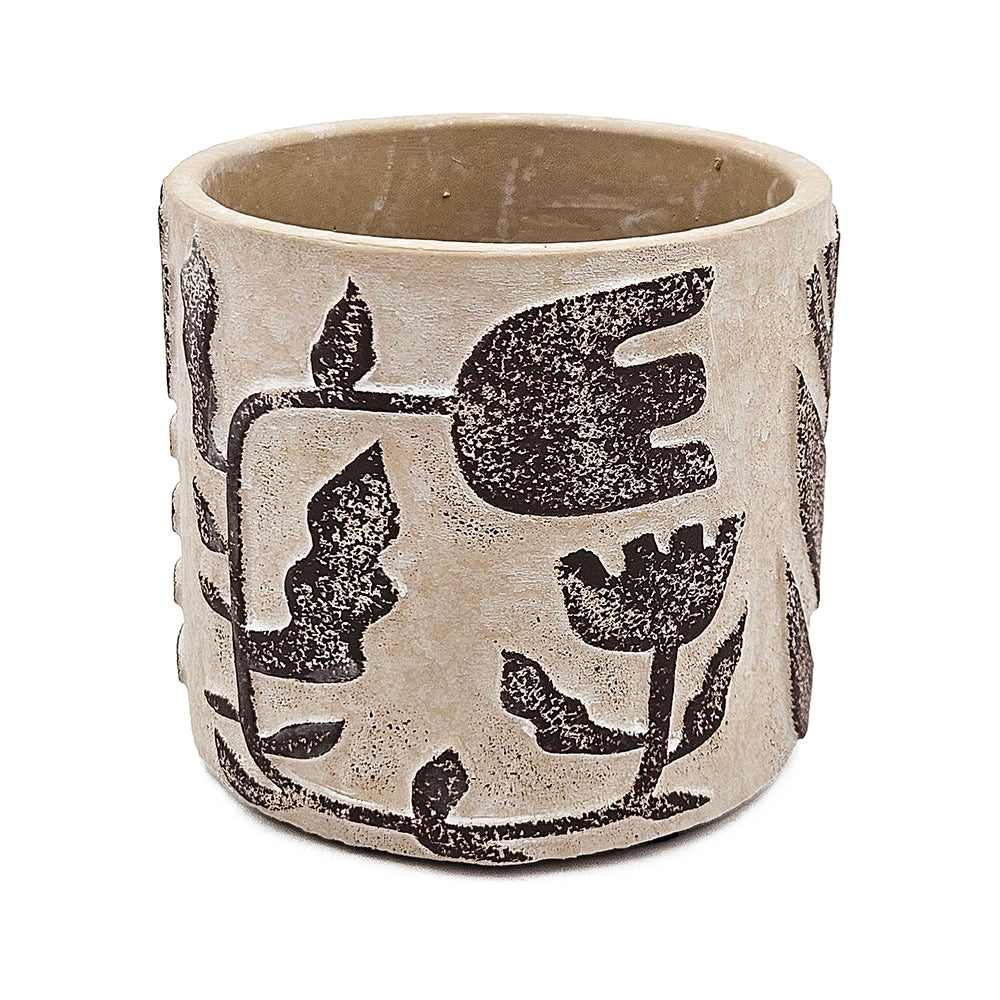 Set of 4 4.3x4.3x4" Gray Sand and Cement Planters with Brown Botanical Motifs