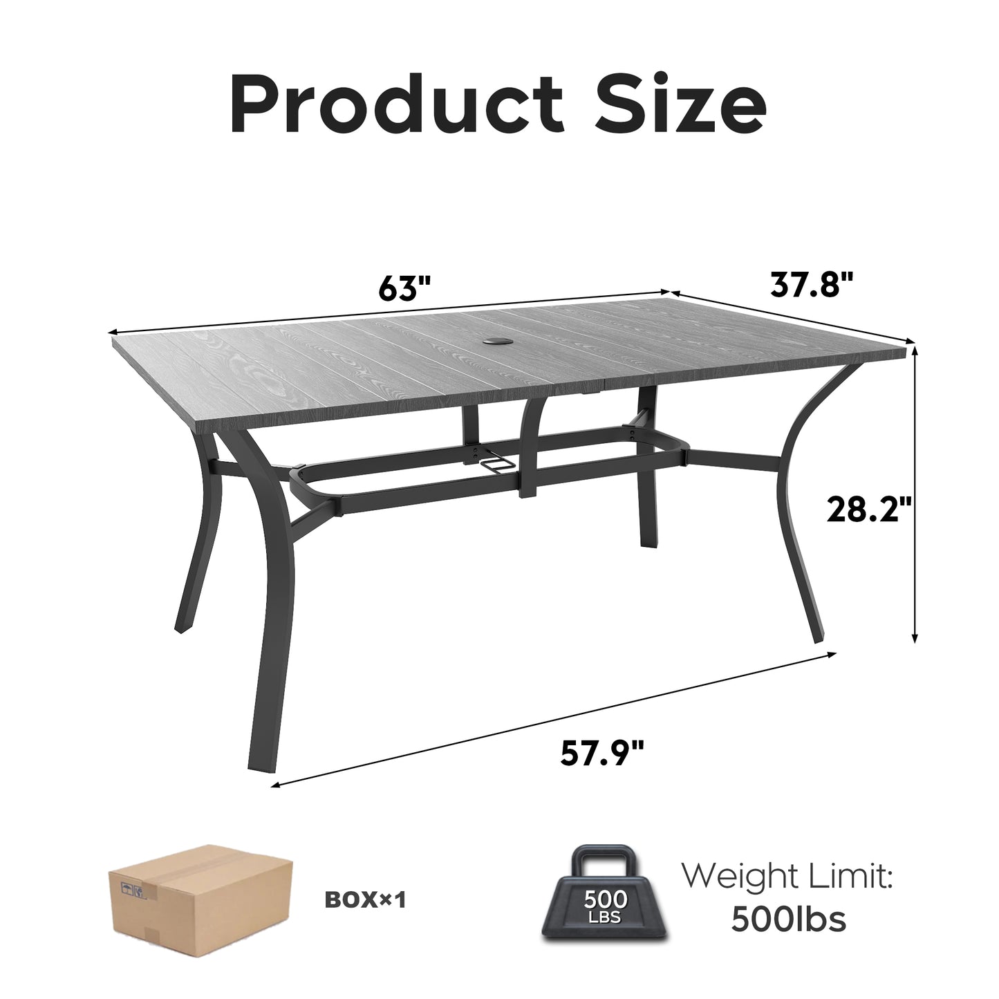 "Vintage Wood Grain Metal Table 62.99" x 37.8"" Rectangular with Umbrella Hole, Heavy-Duty Steel Frame Rust-Resistant Easy Clean, for Patio Garden Deck Dining Room Office