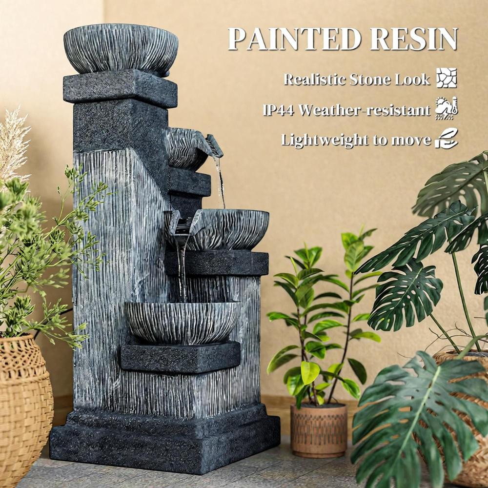 4-Tier Resin Cascading Bowls Outdoor Waterfall Fountain,Water Fountain,with LED Lights, Pump
