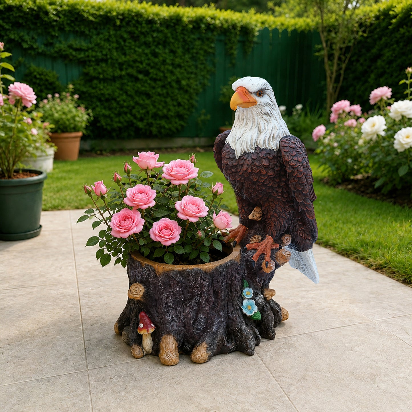 Realistic Standing Eagle Garden Planter on Tree Stump - Durable Polyresin Decorative Wildlife Flower Pot for Outdoor Lawn & Patio Decor