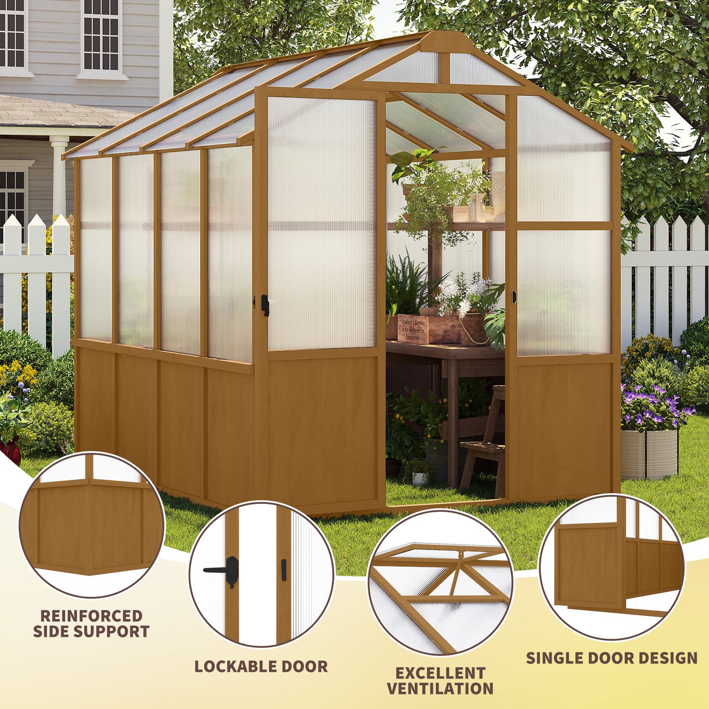 6x8 FT Greenhouse, Wooden Walk-in Greenhouse for Outdoors with 6MM Thick Polycarbonate Panel and Adjustable Roof Vents, Garden Backyard, Patio, Lawn, Wood Colour