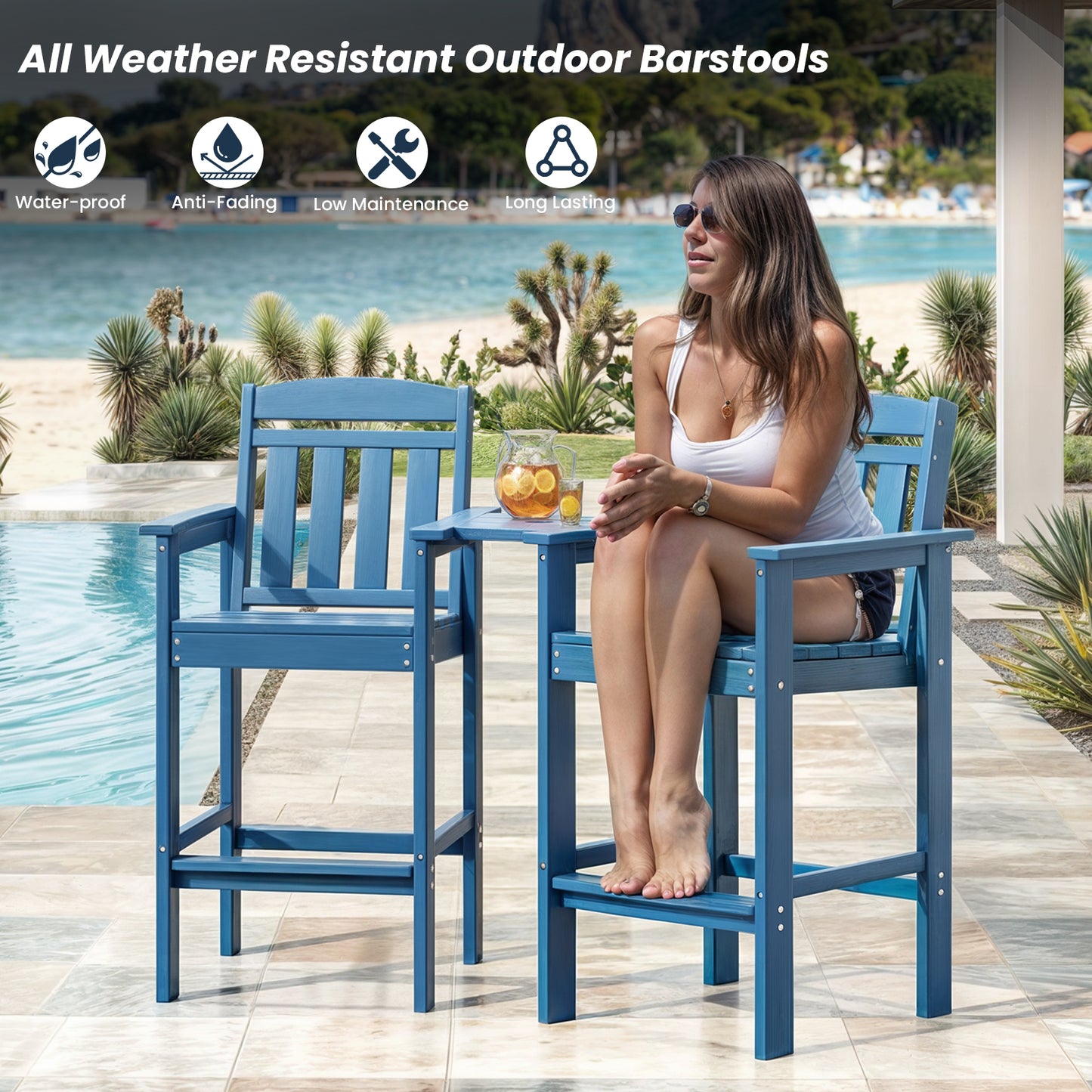 Tall Adirondack Chairs Set of 2, HDPE Adirondack Bar Stools with Connecting Tray, Bar Height Adirondack Chair Patio Barstool, Ideal All Weather Tall Patio Chair for Balcony, Poolside, Backyard