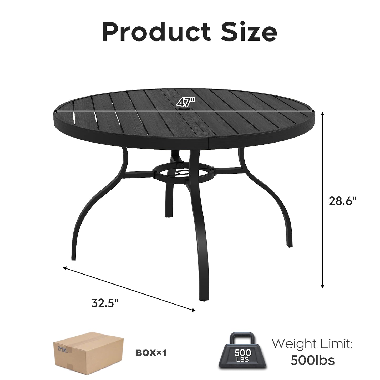 Round Faux Wood Slat Patio Table 47" with Umbrella Hole, Realistic Wood Grain Top + Matte Black High-Quality Iron Legs, Rust-Resistant Outdoor Dining Table for Garden Patio Balcony