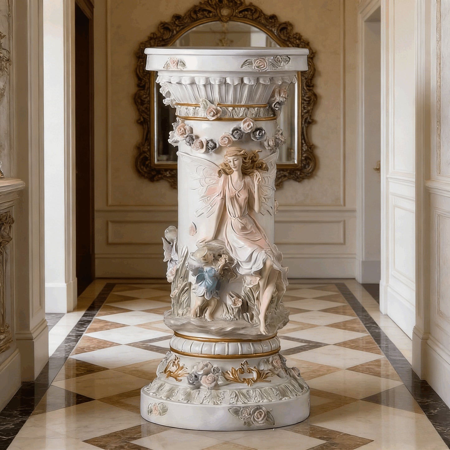 33" Luxury Vintage Roman Column Pedestal, Resin Pillar with Fairy & Floral Relief, Elegant Display Stand for Living Room, Entryway & Home Aesthetic Decor