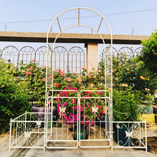 79.5 in. x 86.6 in. Metal Trellis-Cream White Garden Arch with Gate Outdoor Rose Arbor for Climbing Plants