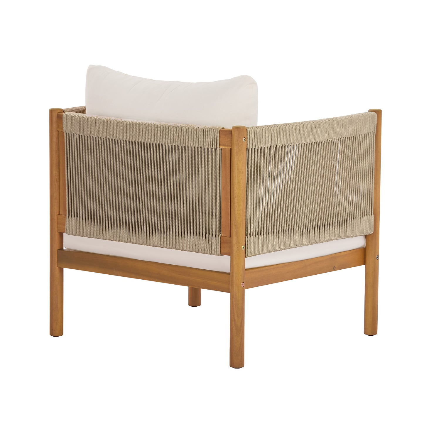 Outdoor Club Chair with Acacia Wood Frame in Teak Look, Beige Rope Panels and Cream Cushions