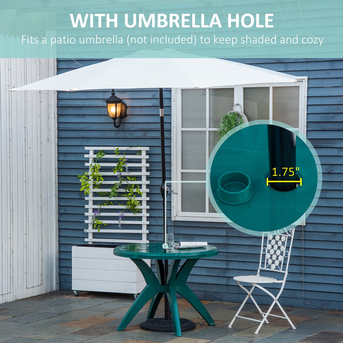 Outsunny 36.25" Dia Round Plastic Patio Table with Umbrella Hole, Outdoor Bistro Dining Table, for Bar, Garden, Backyard, Poolside, Yard, Green