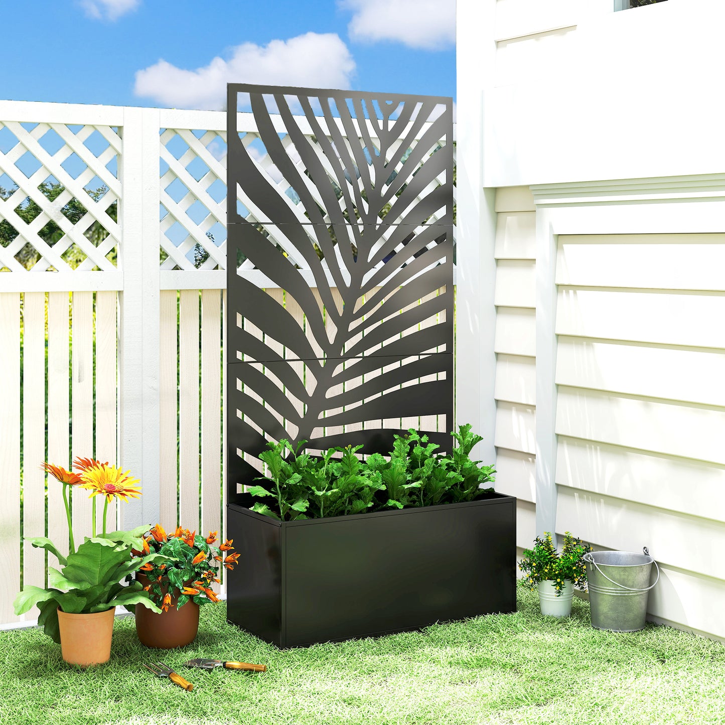 Outsunny Metal Planter Box with Trellis, Raised Garden Bed with Privacy Screen for Climbing Plants, Leaf Cut-Out Privacy Planter