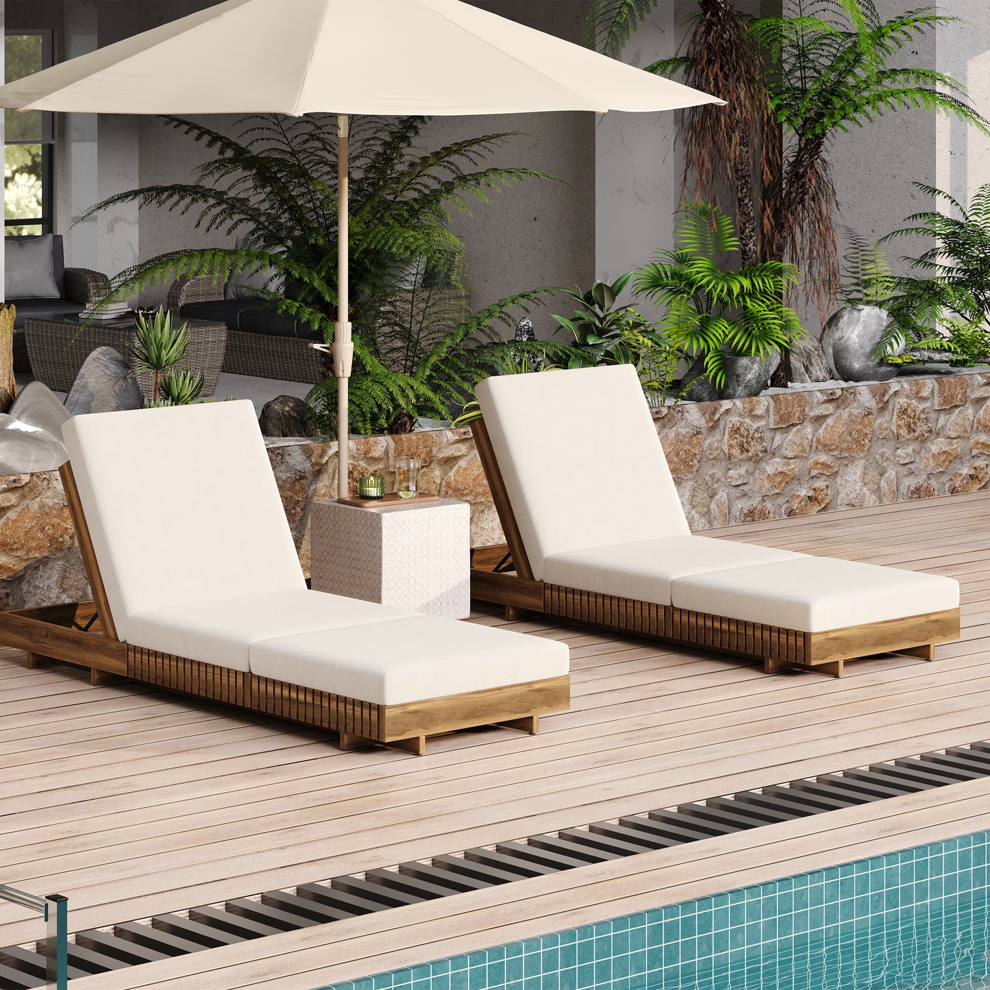 Lounge chaise Set, Acacia solid wood with  LOUNGE CUSHION (Cream+TRIPLE FOLDS) - Matching Dark Grey Version Available