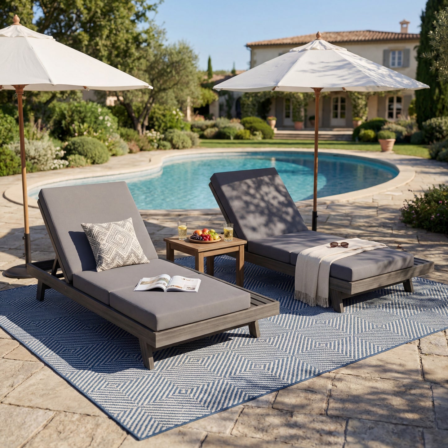 Lounge Chaise Set, Space Available On One Side, Acacia Solid Wood In Black With Lounge Cushion (Dark Grey & Triple Fold) – Matching Cream Version Available