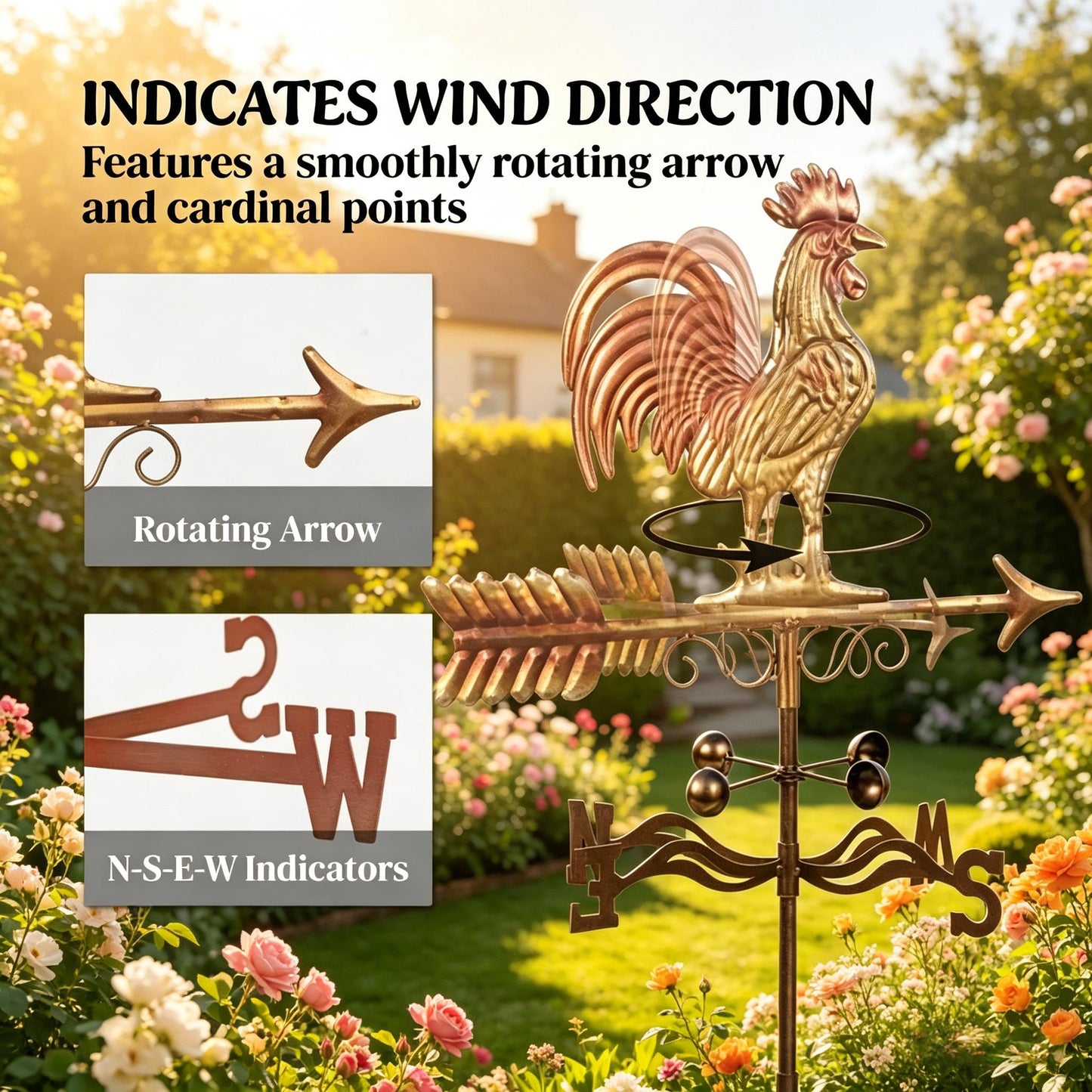 Classic Weather Vanes,Roof Mount Wind Direction Indicator,Rooster Weathervane