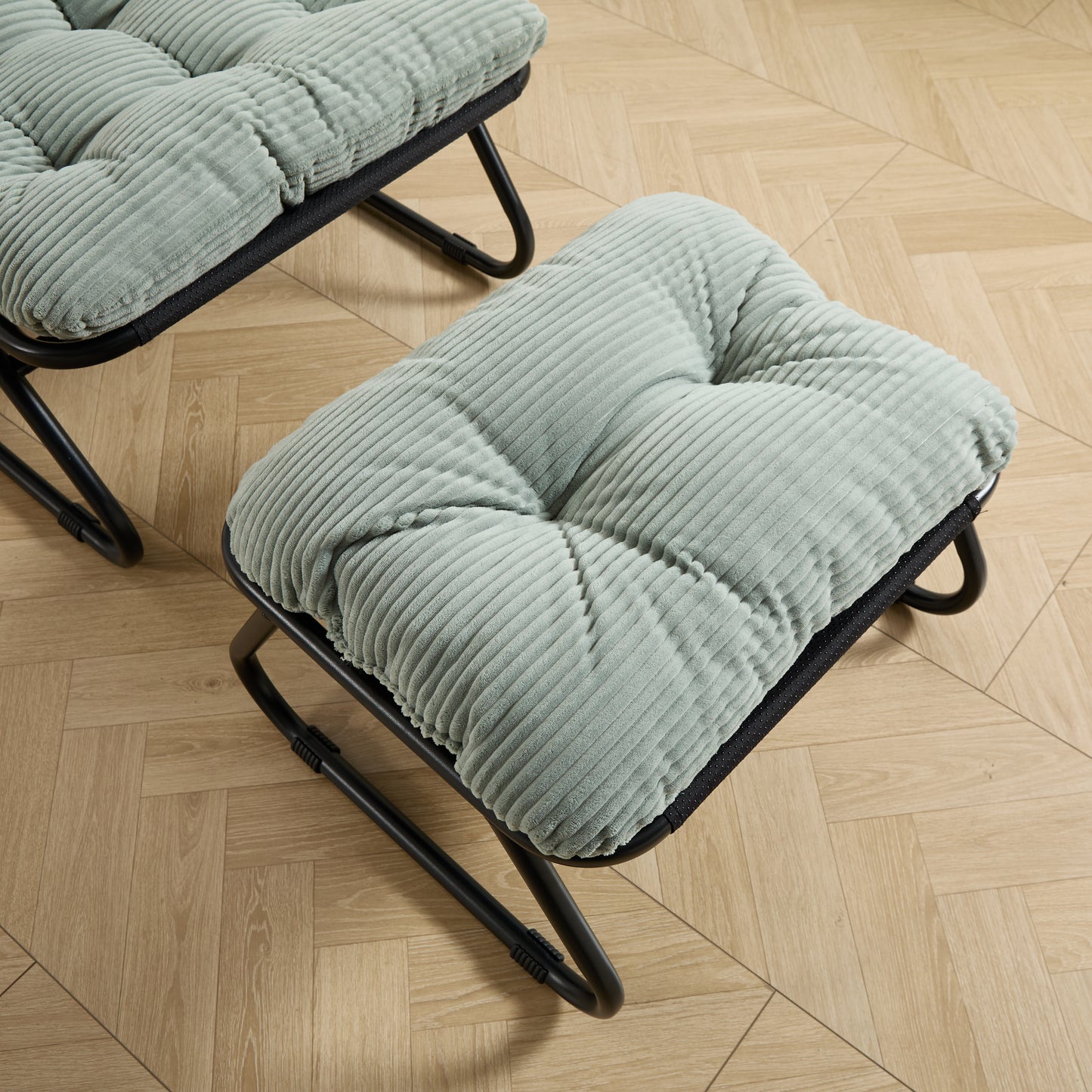Patio Outdoor Lounge Chair with Ottoman, Comfy Sling Recliner Chair with Puffy Cushion and Foot Stool,  Ideal for Living Room, Bedroom, Reading Room, Black frame with light green Cushion