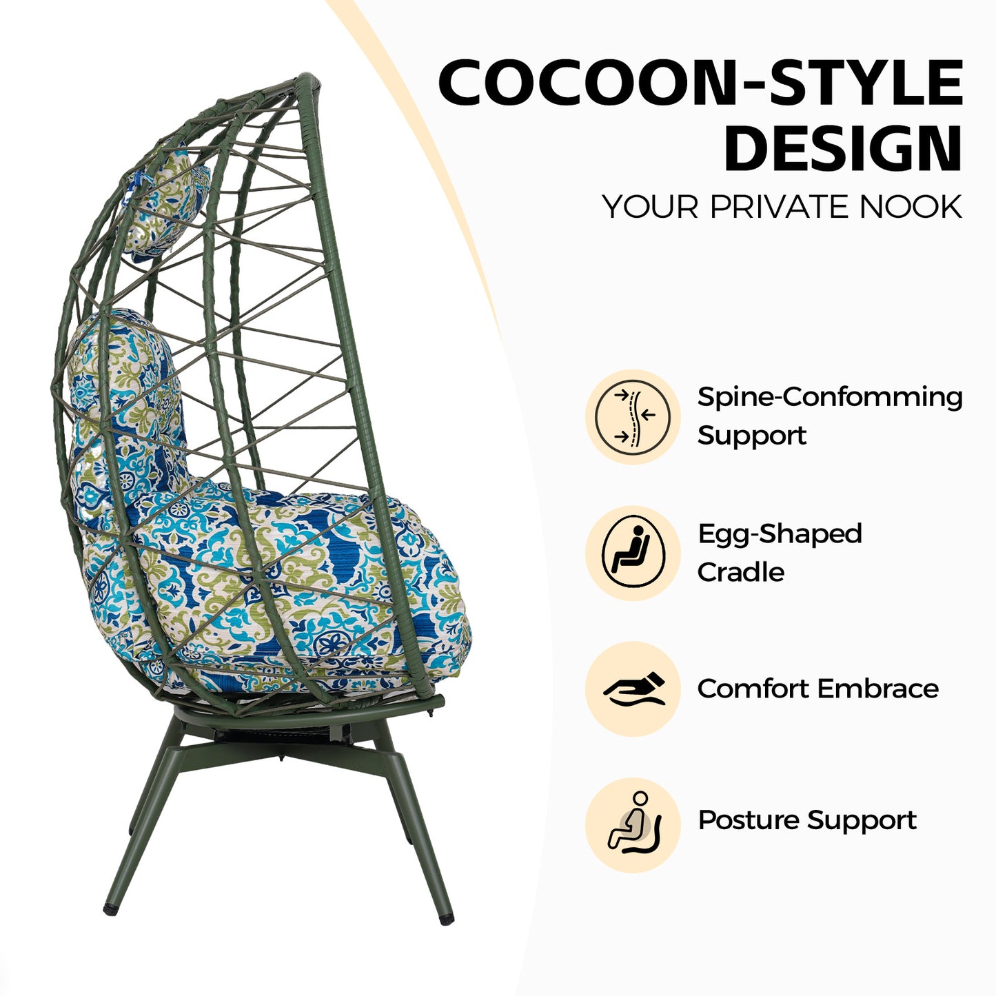 Oversized 360° Swivel Rattan Egg Chair Wicker Indoor Outdoor Patio Lounge Chair with Removable Thick Cushions