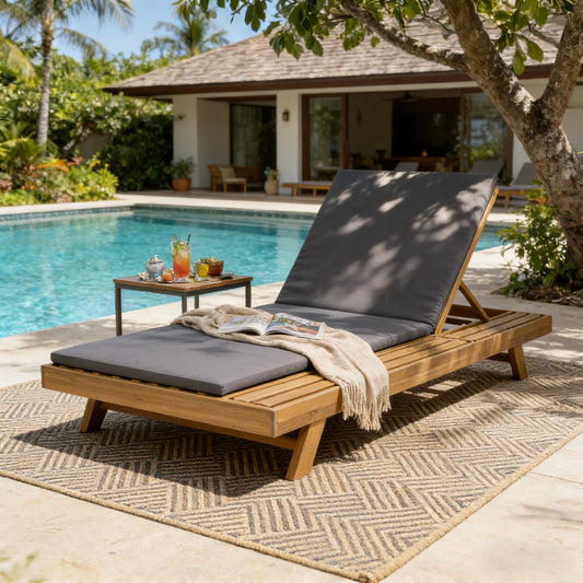 Lounge Chaise Set, Space Available On One Side, Acacia Wood In light brown With Water-Resistant Lounge Cushions (Dark Grey & 2 Inch Thick) – Matching Cream/Leaf Coconut Version Available