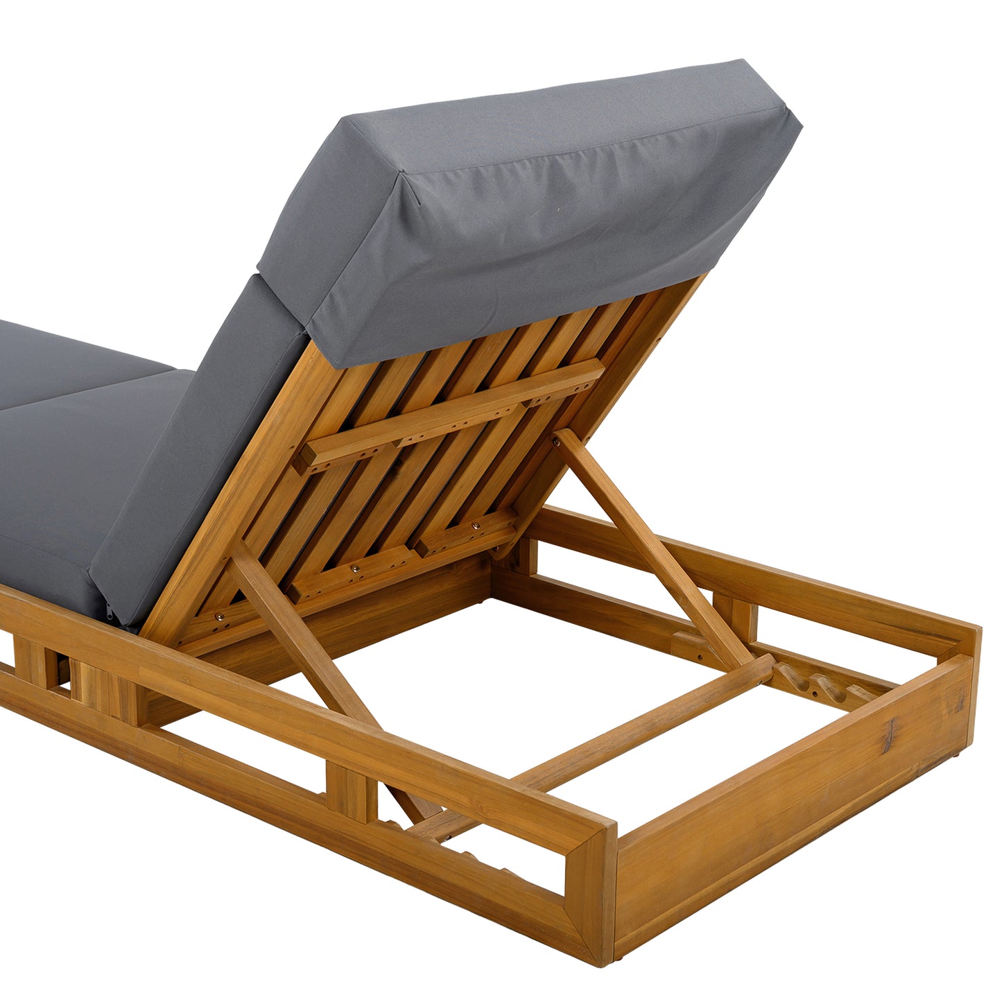 LOUNGE CHAISE SET WITH HEADREST, ACACIA WOOD WITH WATER-RESISTANT LOUNGE CUSHIONS (DARK GREY & 3-FOLD & 4 inch) - MATCHING CREAM/BEIGE VERSION AVAILABLE