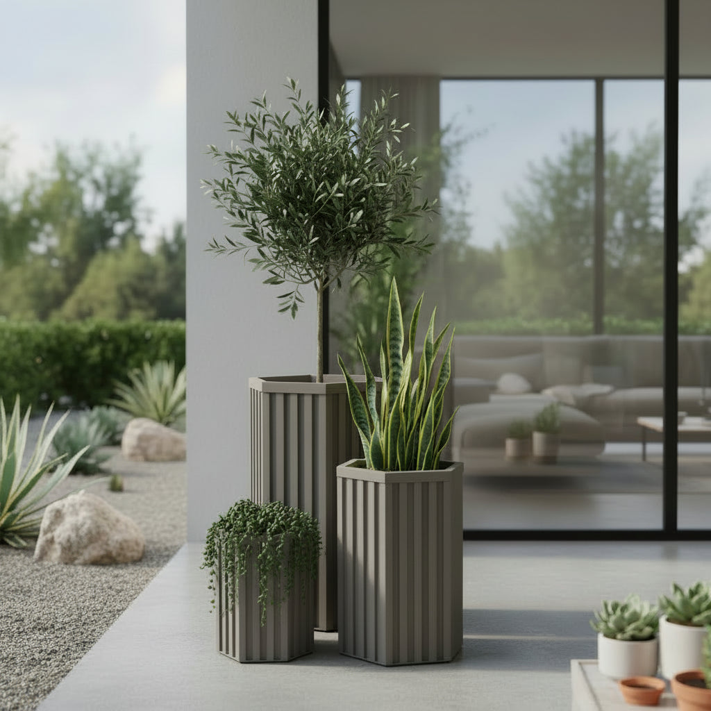 Hexagon Column Planter SM - Grey Brown
