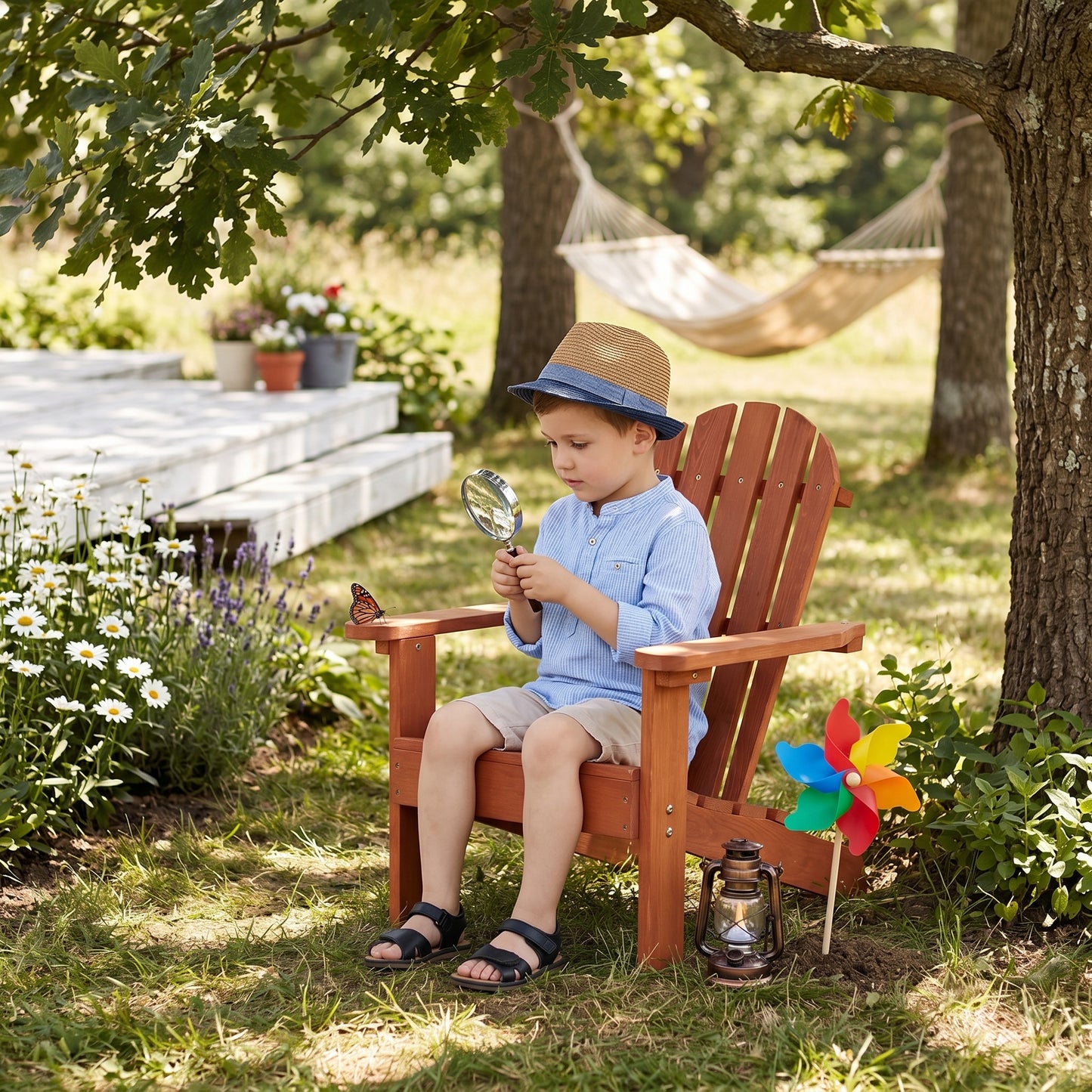 Wooden Kid's Adirondack Chair for Indoor and Outdoor, Natural Cedar Patio Lounge Chiar for Kids