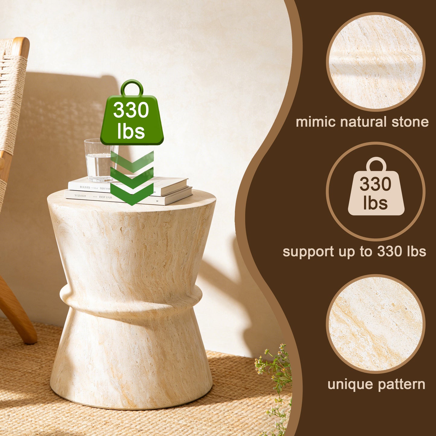 U_Style Hourglass shape Outdoor Side Table, Concrete Contemporary Lightweight Accent Table with Simulated stone texture , Outdoor Accent End Table for Livingroom, Garden.