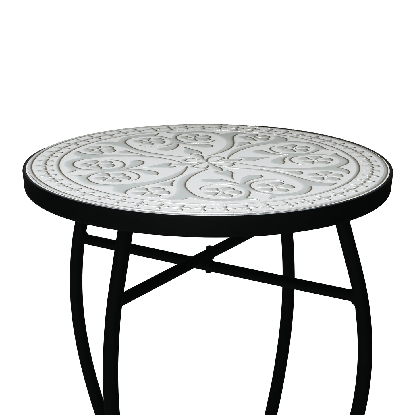 Outdoor Round Side Table with Mosaic-Style Top and Curved Iron Legs, Grey and Matte Black