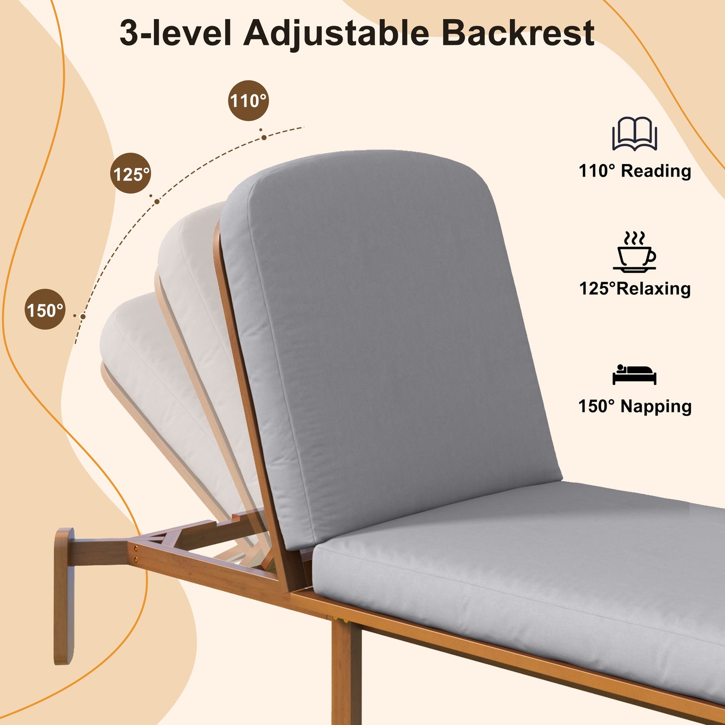 Outdoor Chaise Lounge Adjustable Patio Chaise Outdoor Reclining Chair Pool Lounge Chair with Adjustable Backrest for Patio, Poolside or Beach, Grey